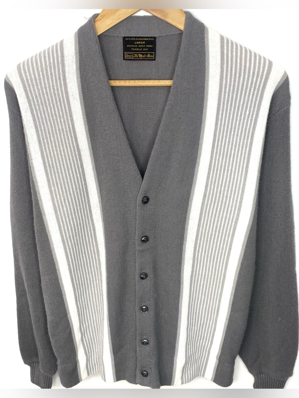 Vintage 70’s Sears Sportswear Grey & White Vertical Striped Cardigan Sweater L